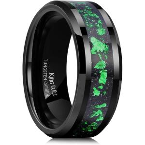 King Will Mens Wedding Band with Foils Inlay, Black/Silver/Gold Beveled Edge Glowstone Ring, 6mm/8mm Tungsten Carbide Rings Comfort Fit(Black&Green-8mm)