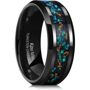 King Will Mens Wedding Band with Foils Inlay, Black/Silver/Gold Beveled Edge Glowstone Ring, 6mm/8mm Tungsten Carbide Rings Comfort Fit(Black&Opal-8mm)