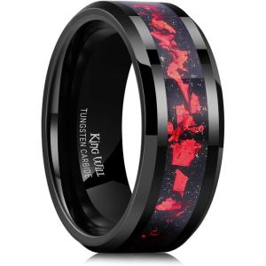 King Will Mens Wedding Band with Foils Inlay, Black/Silver/Gold Beveled Edge Glowstone Ring, 6mm/8mm Tungsten Carbide Rings Comfort Fit(Black&Red-8mm)