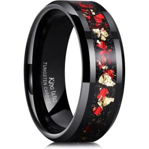 King Will Mens Wedding Band with Foils Inlay, Black/Silver/Gold Beveled Edge Glowstone Ring, 6mm/8mm Tungsten Carbide Rings Comfort Fit(Black&Red+Gold-8mm)