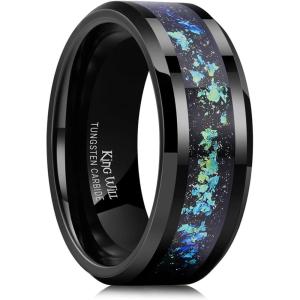 King Will Mens Wedding Band with Foils Inlay, Black/Silver/Gold Beveled Edge Glowstone Ring, 6mm/8mm Tungsten Carbide Rings Comfort Fit(Black&Teal-8mm)