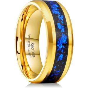 King Will Mens Wedding Band with Foils Inlay, Black/Silver/Gold Beveled Edge Glowstone Ring, 6mm/8mm Tungsten Carbide Rings Comfort Fit(Gold&Blue-8mm)
