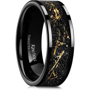 King Will Mens Wedding Band with Foils Inlay, Black/Silver/Gold Beveled Edge Glowstone Ring, 6mm/8mm Tungsten Carbide Rings Comfort Fit(Pipe Cut-Black&Gold-8mm)