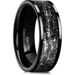 King Will Mens Wedding Band with Foils Inlay, Black/Silver/Gold Beveled Edge Glowstone Ring, 6mm/8mm Tungsten Carbide Rings Comfort Fit(Pipe Cut-Black&Silver-8mm)