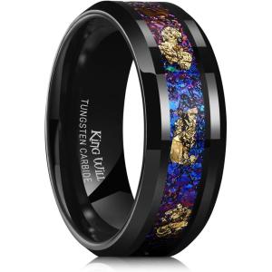 King Will Mens Wedding Band with Foils Inlay, Black/Silver/Gold Beveled Edge Glowstone Ring, 6mm/8mm Tungsten Carbide Rings Comfort Fit(Purple&Gold)