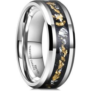 King Will Mens Wedding Band with Foils Inlay, Black/Silver/Gold Beveled Edge Glowstone Ring, 6mm/8mm Tungsten Carbide Rings Comfort Fit(Silver&Gold+Silver-8mm)