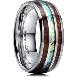 King Will NATURE 8mm Mens Tungsten Carbide Wedding Ring KOA Wood & Abaone Shell Inlay Dome Style Band 6