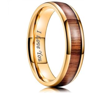 King Will Nature 4mm/6mm Domed Koa Wood Stainless Steel Ring Wedding Band Turquoise Granules Inlay High Polished Domed Black/Silver/Rose Gold Plated for Men Women(6mm Rose Gold)