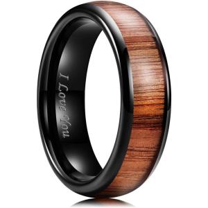 King Will Nature 4mm/6mm Domed Koa Wood Stainless Steel Ring Wedding Band Turquoise Granules Inlay High Polished Domed Black/Silver/Rose Gold Plated for Men Women(6mm Black)
