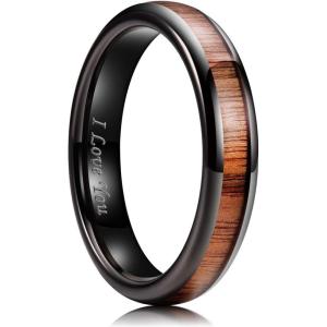 King Will Nature 4mm/6mm Domed Koa Wood Stainless Steel Ring Wedding Band Turquoise Granules Inlay High Polished Domed Black/Silver/Rose Gold Plated for Men Women(4mm Black)