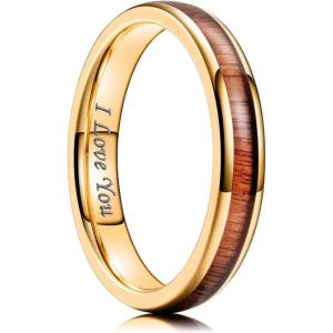 King Will Nature 4mm/6mm Domed Koa Wood Stainless Steel Ring Wedding Band Turquoise Granules Inlay High Polished Domed Black/Silver/Rose Gold Plated for Men Women(4mm Rose Gold)