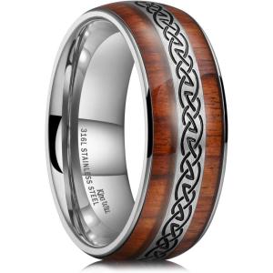 King Will Nature 4mm/6mm Domed Koa Wood Stainless Steel Ring Wedding Band Turquoise Granules Inlay High Polished Domed Black/Silver/Rose Gold Plated for Men Women(Celtic Silver 8mm)