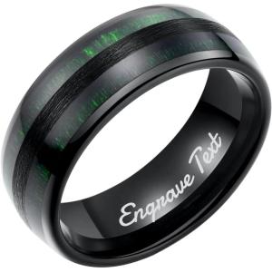 King Will Nature 8mm Custom Mens Domed Green Wood Inlay Black Tungsten Carbide Ring Personalized Wedding Band(Green maple)