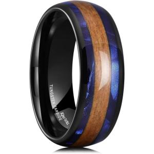 King Will Nature 8mm Turquoise Tungsten Carbide Wedding Ring Abalone Shell Opal Inlaid Real Wood Engagement Band for Men(Black & Blue-8mm)