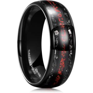 King Will Nature 8mm Turquoise Tungsten Carbide Wedding Ring Abalone Shell Opal Inlaid Real Wood Engagement Band for Men(Black & Red-8mm)