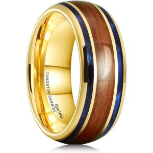 King Will Nature 8mm Turquoise Tungsten Carbide Wedding Ring Abalone Shell Opal Inlaid Real Wood Engagement Band for Men(Gold-8mm)