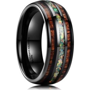 King Will Nature 8mm Turquoise Tungsten Carbide Wedding Ring Abalone Shell Opal Inlaid Real Wood Engagement Band for Men(Multicolor)