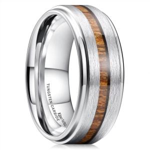 King Will Nature Koa Wood Inlay Tungsten Carbide Wedding Ring 8mm Silver/Black/Gold/Green/Rose Gold/Blue Wedding Band for Men High Polished Anniversary Rings Comfort Fit Size 6-15(Silver-Wood)