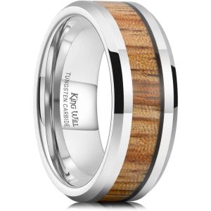 King Will Nature Koa Wood Inlay Tungsten Carbide Wedding Ring 8mm Silver/Black/Gold/Green/Rose Gold/Blue Wedding Band for Men High Polished Anniversary Rings Comfort Fit Size 6-15(Silver & Natural wood Inlay)