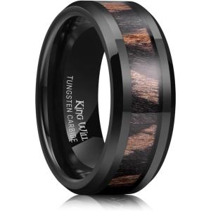 King Will Nature Koa Wood Inlay Tungsten Carbide Wedding Ring 8mm Silver/Black/Gold/Green/Rose Gold/Blue Wedding Band for Men High Polished Anniversary Rings Comfort Fit Size 6-15(Black & Dark Ebony wood Inlay)
