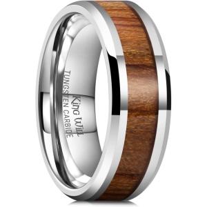 King Will Nature Koa Wood Inlay Tungsten Carbide Wedding Ring 8mm Silver/Black/Gold/Green/Rose Gold/Blue Wedding Band for Men High Polished Anniversary Rings Comfort Fit Size 6-15(Silver)