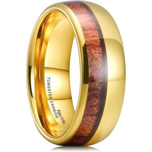 King Will Nature Koa Wood Inlay Tungsten Carbide Wedding Ring 8mm Silver/Black/Gold/Green/Rose Gold/Blue Wedding Band for Men High Polished Anniversary Rings Comfort Fit Size 6-15(gold thin wood)