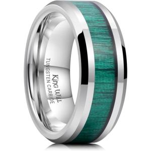 King Will Nature Koa Wood Inlay Tungsten Carbide Wedding Ring 8mm Silver/Black/Gold/Green/Rose Gold/Blue Wedding Band for Men High Polished Anniversary Rings Comfort Fit Size 6-15(Silver with Green Maple Wood)