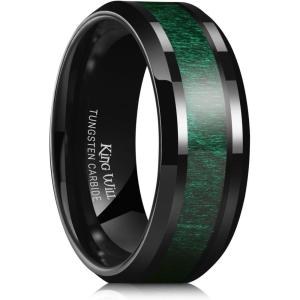 King Will Nature Koa Wood Inlay Tungsten Carbide Wedding Ring 8mm Silver/Black/Gold/Green/Rose Gold/Blue Wedding Band for Men High Polished Anniversary Rings Comfort Fit Size 6-15(D-green)