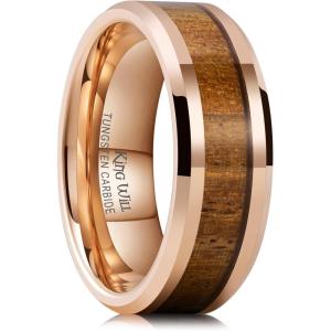 King Will Nature Koa Wood Inlay Tungsten Carbide Wedding Ring 8mm Silver/Black/Gold/Green/Rose Gold/Blue Wedding Band for Men High Polished Anniversary Rings Comfort Fit Size 6-15(Rose Gold)