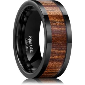 King Will Nature Men’s Wooden Wedding Band, 7-8mm Black Mens Ceramic Wedding Ring with Polished Finish Brown Wood Inlay Comfort Fit Size 7-14(8mm Black)