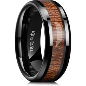 King Will Nature Men’s Wooden Wedding Band, 7-8mm Black Mens Ceramic Wedding Ring with Polished Finish Brown Wood Inlay Comfort Fit Size 7-14(8mm Brown Sapele Wood)