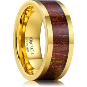 King Will Nature Men’s Wooden Wedding Band, 7-8mm Black Mens Ceramic Wedding Ring with Polished Finish Brown Wood Inlay Comfort Fit Size 7-14(8mm Gold)
