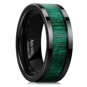 King Will Nature Men’s Wooden Wedding Band, 7-8mm Black Mens Ceramic Wedding Ring with Polished Finish Brown Wood Inlay Comfort Fit Size 7-14(8mm-Green Maple Wood)