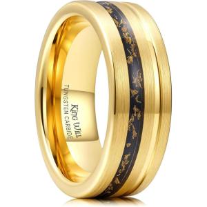 King Will Nature Tungsten Carbide Wedding Band 7mm Silver/Black Tungsten Ring with Wood Inlay Comfort Fit(Gold-Meteorite)