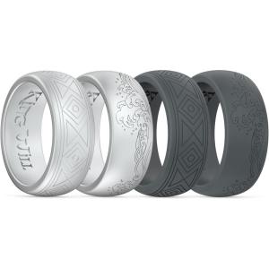 King Will Silicone Mens Ring – Breathable Wedding Bands for Men 8mm Wide Rubber Engagement Band, Geometry/Waves with Design, Comfort Fit Ring- 1/4/6 Variety Multipack Silver/Dark Blue/Grey Size 8-14(4 in Pack: Wave-Silver  Wave-Dark Grey  Geometry-Silver  Geometry-Dark Grey)