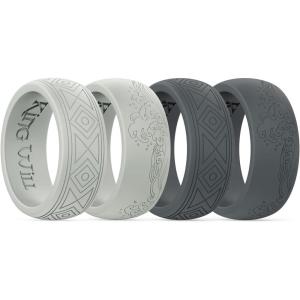 King Will Silicone Mens Ring – Breathable Wedding Bands for Men 8mm Wide Rubber Engagement Band, Geometry/Waves with Design, Comfort Fit Ring- 1/4/6 Variety Multipack Silver/Dark Blue/Grey Size 8-14(4 in Pack: Wave-Grey  Wave-Dark Grey  Geometry-Grey  Geometry-Dark Grey)