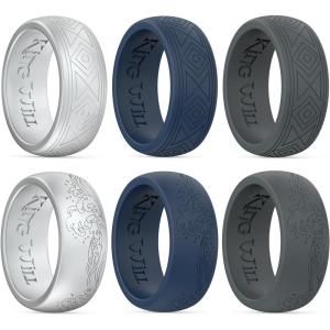 King Will Silicone Mens Ring – Breathable Wedding Bands for Men 8mm Wide Rubber Engagement Band, Geometry/Waves with Design, Comfort Fit Ring- 1/4/6 Variety Multipack Silver/Dark Blue/Grey Size 8-14(6 in Pack: Wave-Silver  Wave-Dark Blue  Wave-Dark Grey  Geometry-Silver  Geometry-Dark Blue  Geometry-Dark Grey)