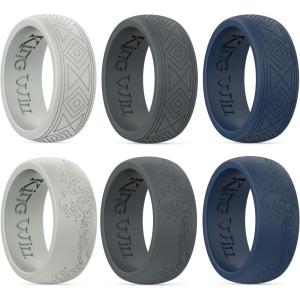 King Will Silicone Mens Ring – Breathable Wedding Bands for Men 8mm Wide Rubber Engagement Band, Geometry/Waves with Design, Comfort Fit Ring- 1/4/6 Variety Multipack Silver/Dark Blue/Grey Size 8-14(6 in Pack: Wave-Grey  Wave-Dark Blue  Wave-Dark Grey  Geometry-Grey  Geometry-Dark Blue  Geometry-Dark Grey)