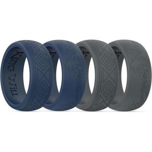 King Will Silicone Mens Ring – Breathable Wedding Bands for Men 8mm Wide Rubber Engagement Band, Geometry/Waves with Design, Comfort Fit Ring- 1/4/6 Variety Multipack Silver/Dark Blue/Grey Size 8-14(4 in Pack: Wave-Dark Blue  Wave-Dark Grey  Geometry-Dark Blue  Geometry-Dark Grey)