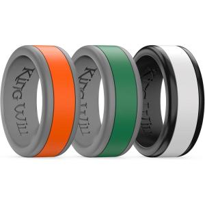 King Will Silicone Ring for Men – Gray Mens Silicone Wedding Band with Gray Blue Green Orange Variety Colors Flexible Changeable Stripe Bands – 8mm Wide Rubber Wedding Bands Engagement Ring(2Grey+1Black Basic)