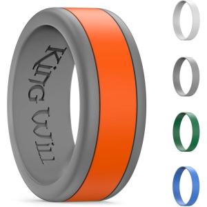 King Will Silicone Ring for Men – Gray Mens Silicone Wedding Band with Gray Blue Green Orange Variety Colors Flexible Changeable Stripe Bands – 8mm Wide Rubber Wedding Bands Engagement Ring(1Grey Bacis+5 Color Stripe Bands)