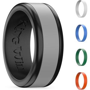 King Will Silicone Ring for Men – Gray Mens Silicone Wedding Band with Gray Blue Green Orange Variety Colors Flexible Changeable Stripe Bands – 8mm Wide Rubber Wedding Bands Engagement Ring(1Black Bacis+5 Color Stripe Bands)