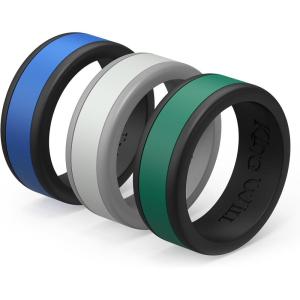 King Will Silicone Ring for Men – Gray Mens Silicone Wedding Band with Gray Blue Green Orange Variety Colors Flexible Changeable Stripe Bands – 8mm Wide Rubber Wedding Bands Engagement Ring(2Black+1Grey Basic)