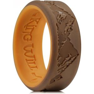 King Will Silicone Rings For Men, Brown & Chestnut Yellow Rubber Wedding Bands with Unique Mountain Peak Design, 8mm Wide 2.2mm Thick, Comfort Fit Size 11