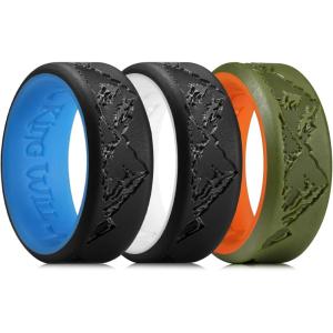 King Will Silicone Rings For Men, Rubber Wedding Bands with Unique Mountain Peak Design Multiple Colors, 8mm Wide 2.2mm Thick, Comfort Fit Size 7-13(Black & Blue + Black & White + Olive Green & Orange)
