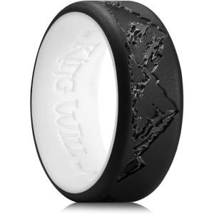 King Will Silicone Rings For Men, Rubber Wedding Bands with Unique Mountain Peak Design Multiple Colors, 8mm Wide 2.2mm Thick, Comfort Fit Size 7-13(Black & White)