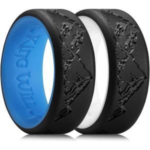 King Will Silicone Rings For Men, Rubber Wedding Bands with Unique Mountain Peak Design Multiple Colors, 8mm Wide 2.2mm Thick, Comfort Fit Size 7-13(Black&Blue + Black&White)