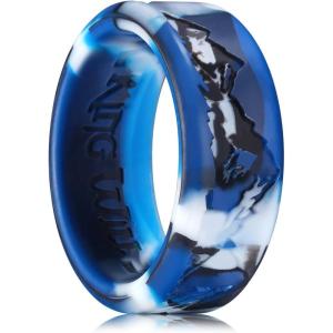 King Will Silicone Rings For Men, Rubber Wedding Bands with Unique Mountain Peak Design Multiple Colors, 8mm Wide 2.2mm Thick, Comfort Fit Size 7-13(Blue Camouflage)