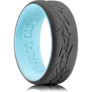King Will Silicone Rings For Men, Rubber Wedding Bands with Unique Mountain Peak Design Multiple Colors, 8mm Wide 2.2mm Thick, Comfort Fit Size 7-13(Dark grey & Light blue (Thorns))