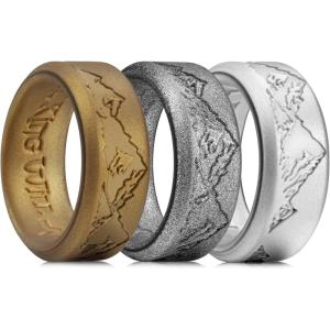 King Will Silicone Rings For Men, Rubber Wedding Bands with Unique Mountain Peak Design Multiple Colors, 8mm Wide 2.2mm Thick, Comfort Fit Size 7-13(Metallic Copper + Gray + Silver)